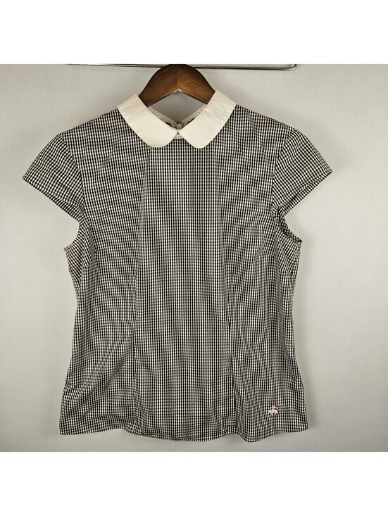 Brooks Brothers Tops - Brooks Brothers Petite 8P Gingham Blouse Black White Peter Pan Collar Stretch